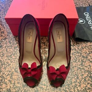 Valentino Deep Red Suede Heels with Black Lace Bow 38